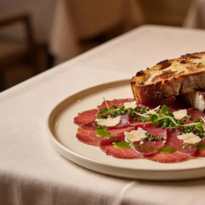 Eleganckie kompozycje przystawek z carpaccio, tatarem i pieczywem na nastrojowo oświetlonym stole