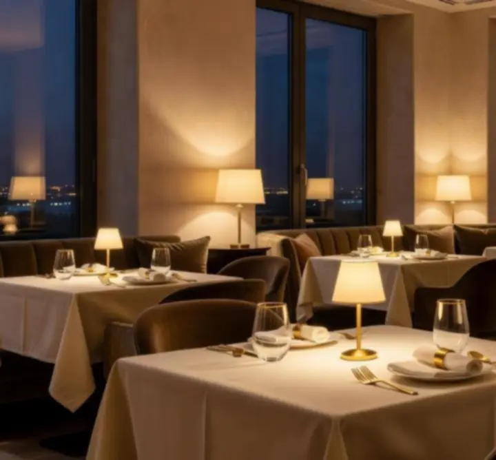 Elegancka, nastrojowa sala restauracyjna Auto Glow Finish przygotowana na wieczorne spotkania.