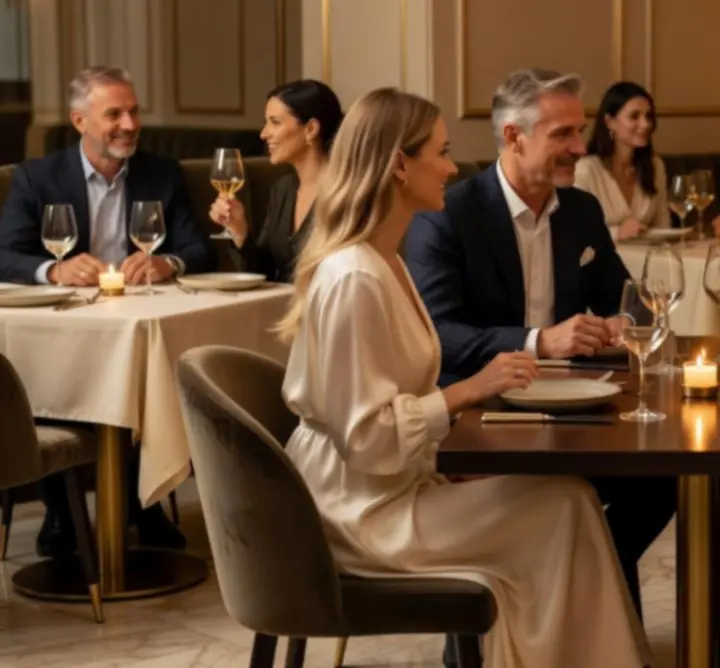 Elegancki wieczorny event w Auto Glow Finish z nastrojowym oświetleniem i zastawionymi stolikami.