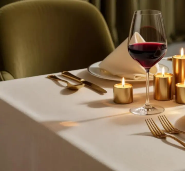 Stół w stylu fine dining z kieliszkami wina, świecami i elegancką aranżacją w Auto Glow Finish.