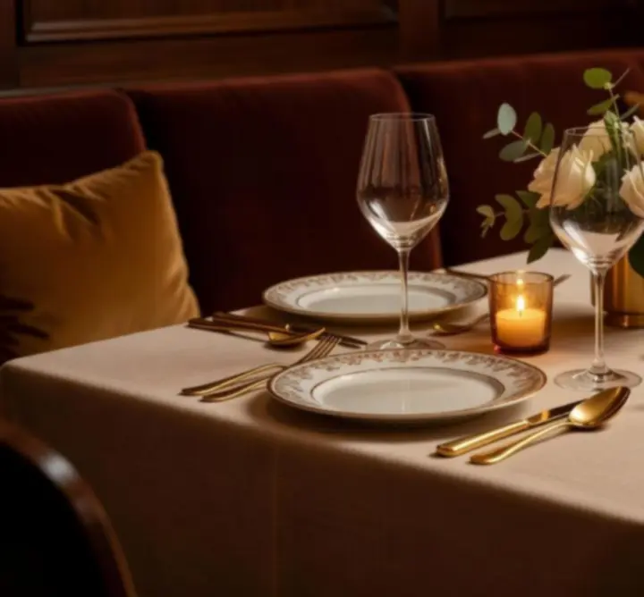 Elegancki stół w restauracji Auto Glow Finish z nastrojowym oświetleniem i dopracowaną aranżacją