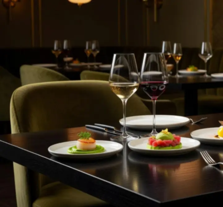 Stół z elegancką prezentacją menu degustacyjnego w nastrojowym świetle